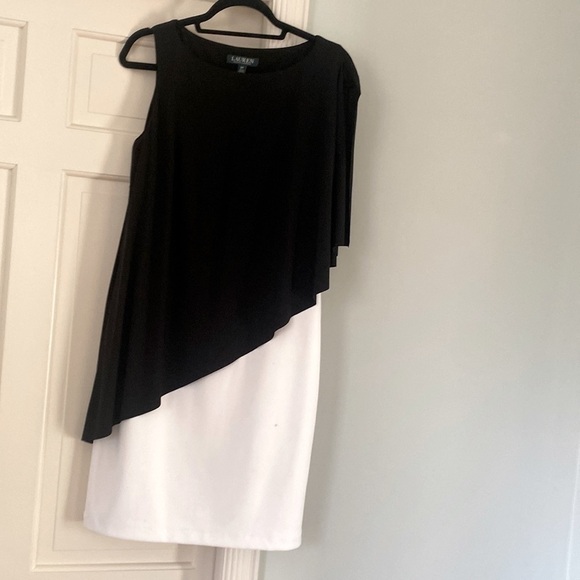 Ralph Lauren Colorblock Mini Dress in Black Minimalist Asymmetrical Cape - Picture 1 of 11